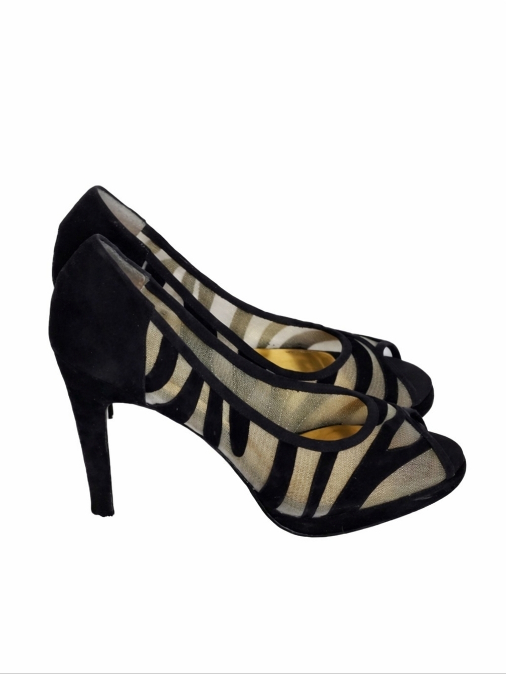 Beverly Feldman Honey2 Black Suede and‎ Mesh Peep Toe Heel